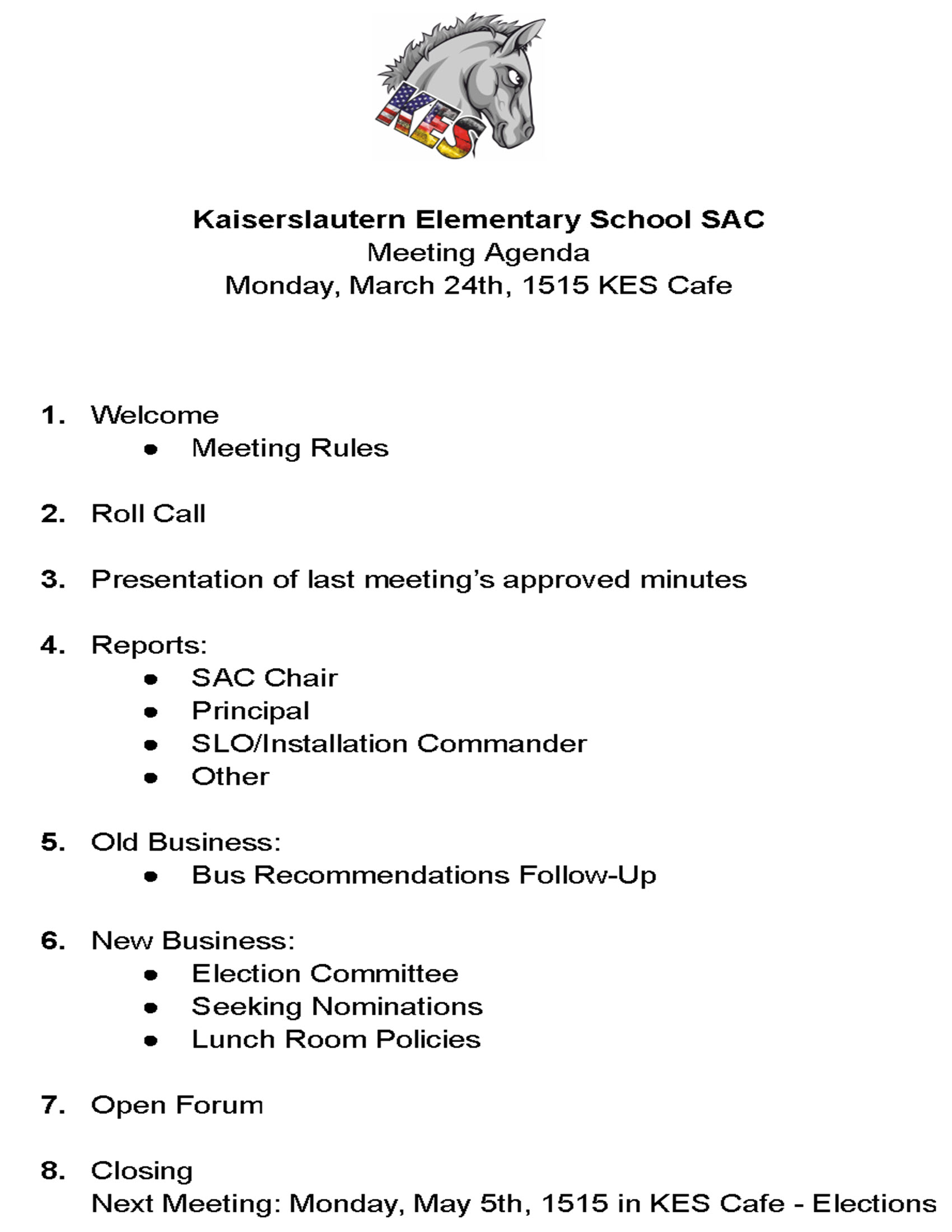 Flyer with the agenda for the SAC meeting at KES on March 24th, 2025[