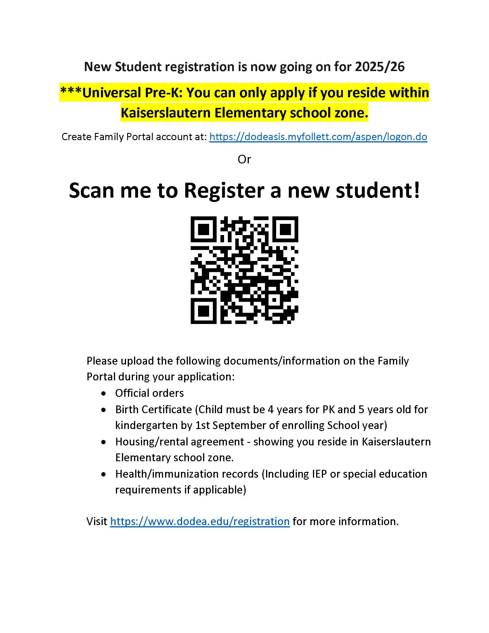 Flyer with information and links for new student registration as Kaiserslautern Elementary School.