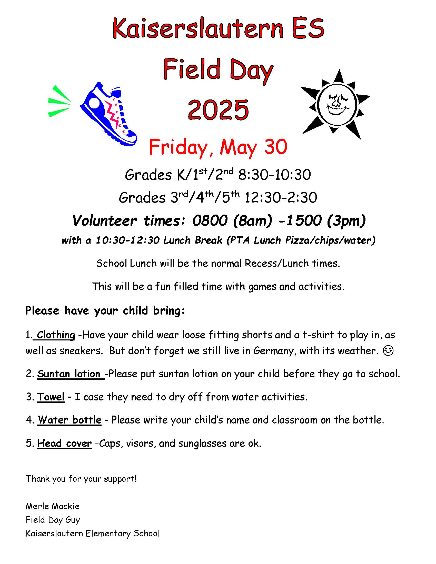 Flyer with information for parents about the KES field day.