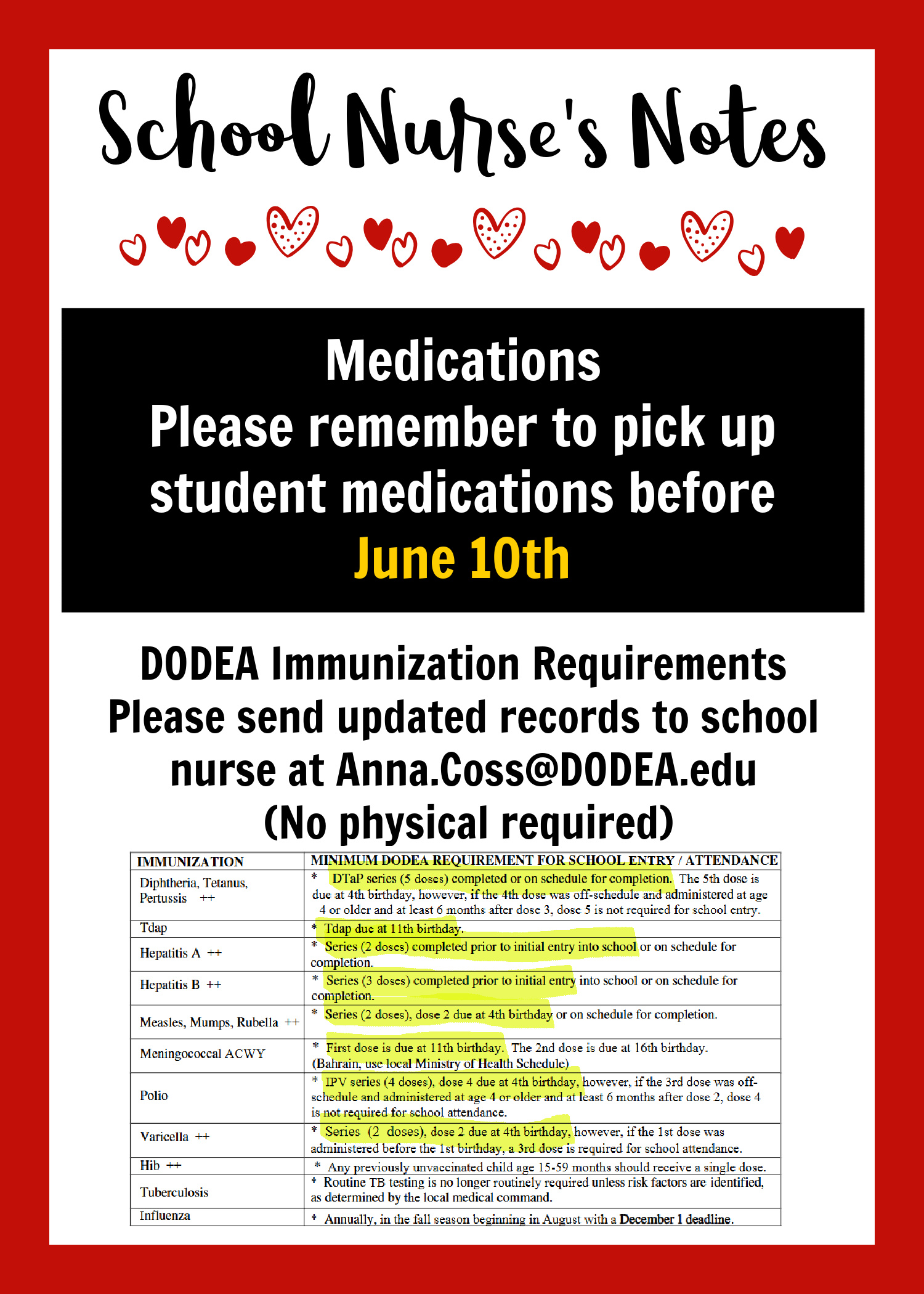Flyer for end or year reminder to pick up medication and immunizations required for school.