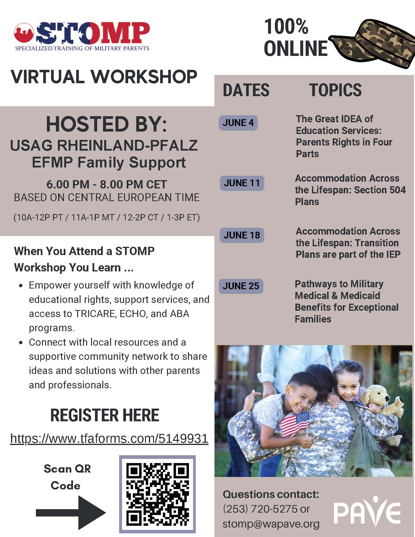 Flyer for the USAG RLP EFMP Family Support hosted event-STOMP